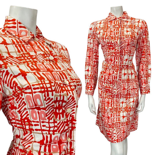 VINTAGE 60s 70s ORANGE PINK WHITE GEOMETRIC CHECKED DAGGER SHIRT DRESS 10