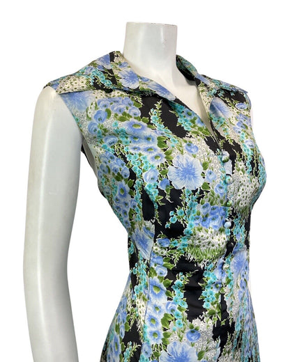 VINTAGE 60s 70s BLUE GREEN BLACK FLORAL WING COLLAR SLEEVELESS DRESS 16 18