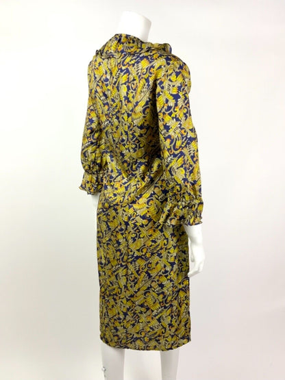 VINTAGE 60s 70s BLUE BEIGE YELLOW ORANGE SWIRL PSYCHEDELIC RUFFLE DRESS 16