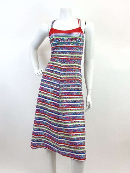 VINTAGE 60s 70s WHITE RED BLUE GREEN DITSY FLORAL STRIPED STRAPPY SUNDRESS 4