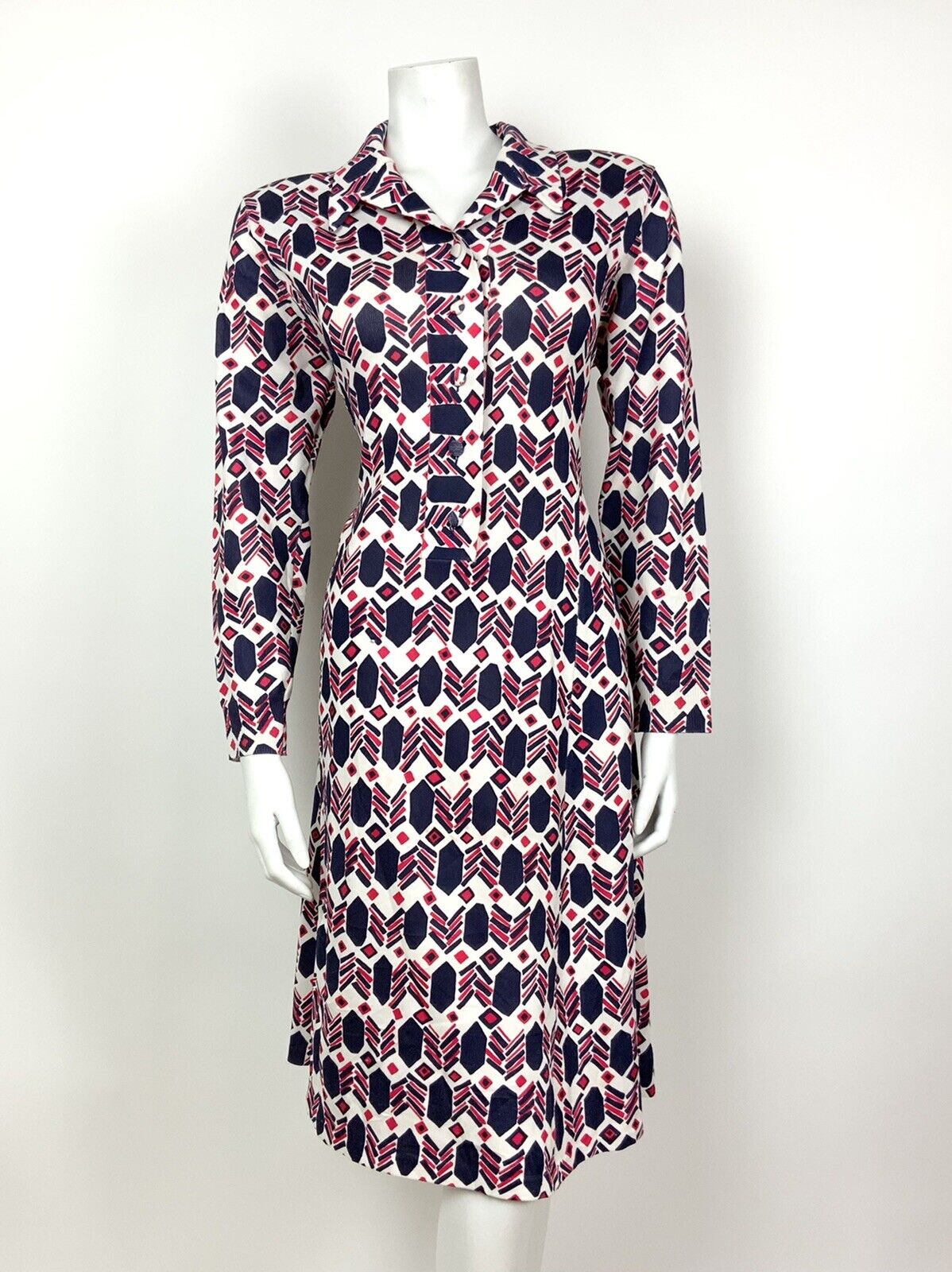 VINTAGE 60s 70s WHITE BLUE RED GEOMETRIC DAGGER COLLAR MOD SHIRT DRESS 14 16