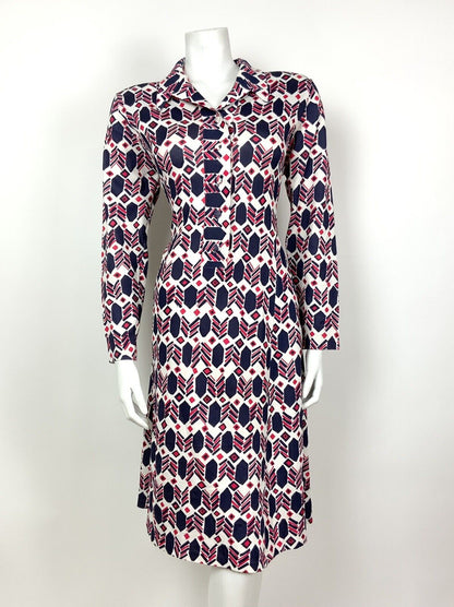 VINTAGE 60s 70s WHITE BLUE RED GEOMETRIC DAGGER COLLAR MOD SHIRT DRESS 14 16