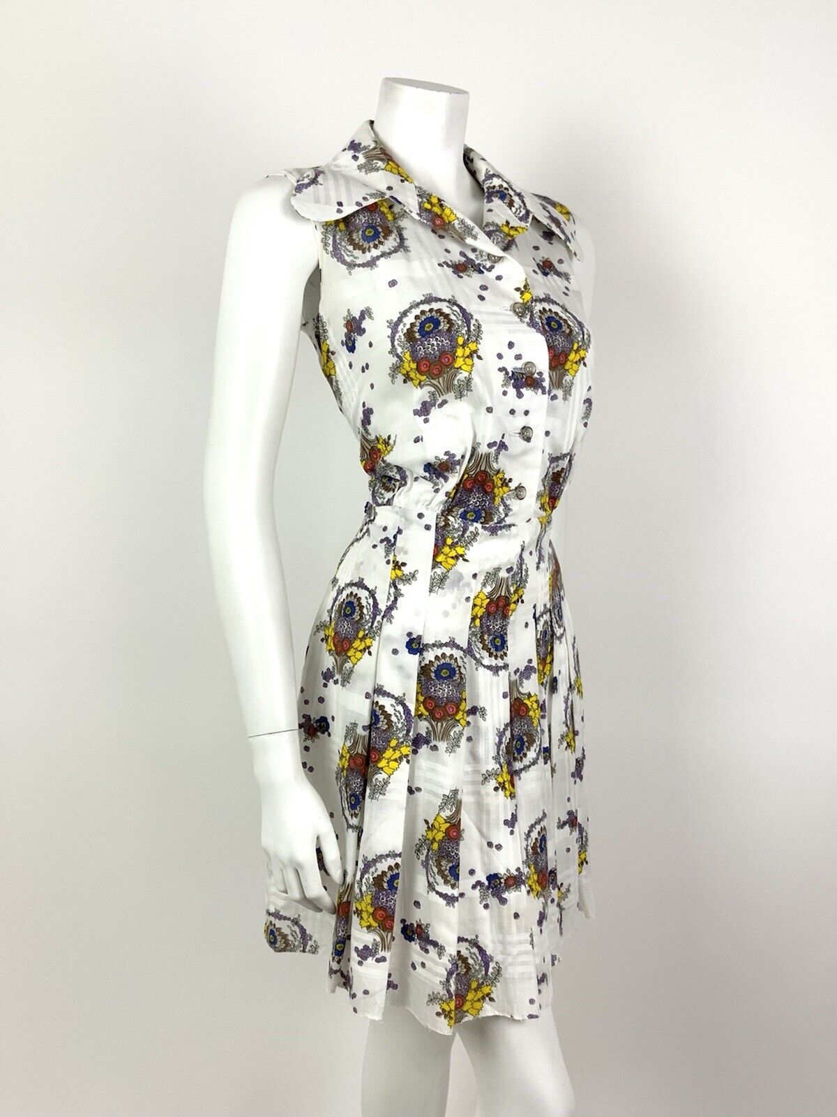 VINTAGE 60s 70s WHITE BROWN YELLOW PLAID FLORAL SPOON COLLAR SHIRT DRESS 12 14