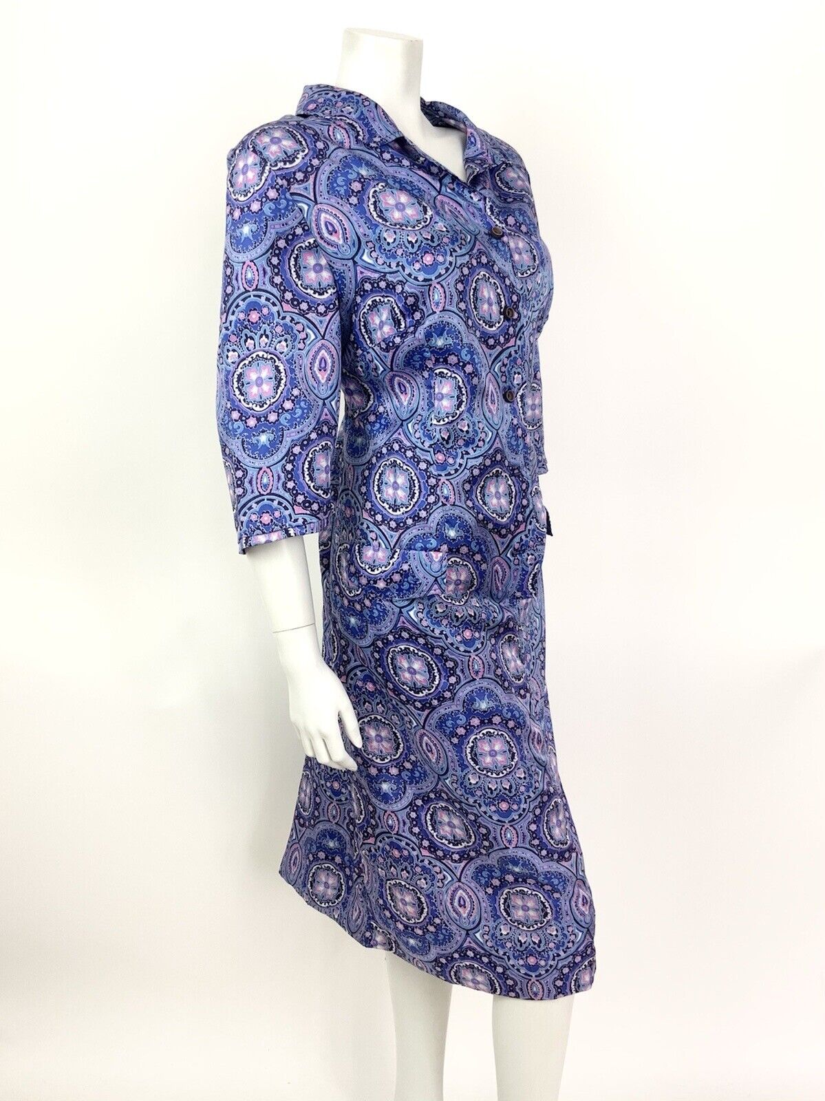 VINTAGE 60s 70s PURPLE BLUE PINK ARABESQUE FLORAL PSYCHEDELIC SHIRT DRESS 16 18