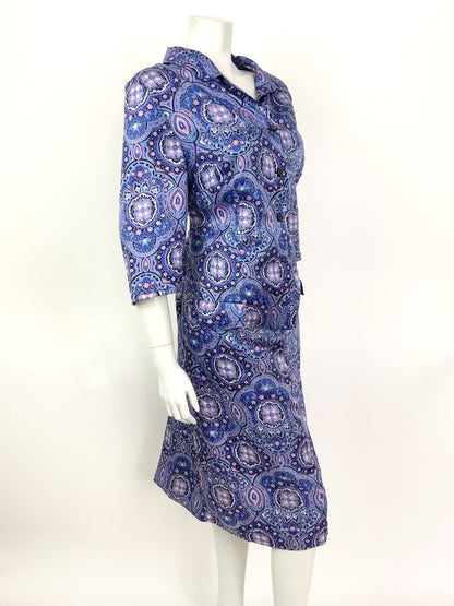 VINTAGE 60s 70s PURPLE BLUE PINK ARABESQUE FLORAL PSYCHEDELIC SHIRT DRESS 16 18