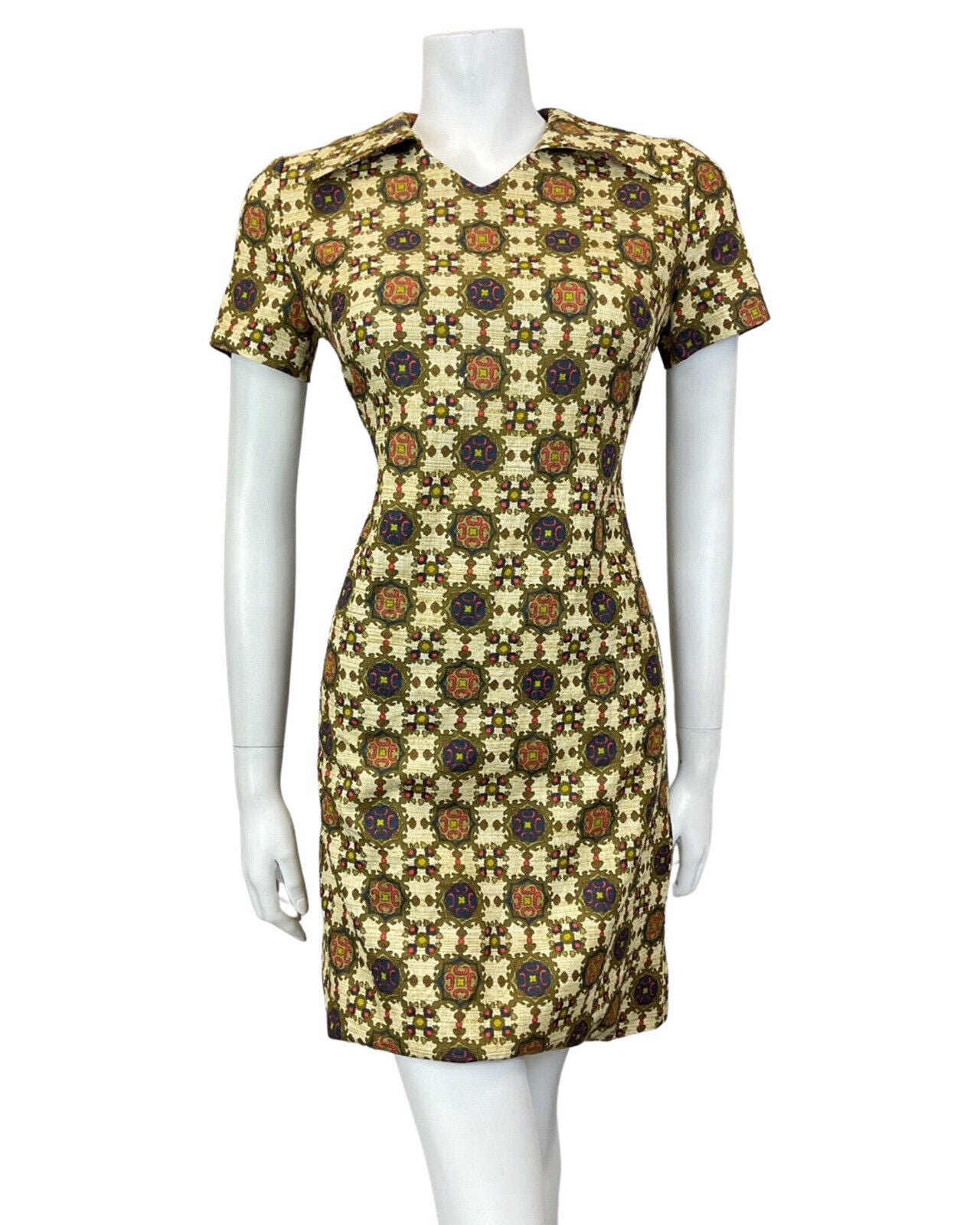 VINTAGE 60s 70s CREAM GOLD BLUE ORNATE CHECKED MOD SHORT SHIRT DRESS 10 12