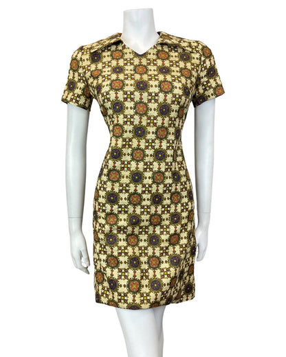VINTAGE 60s 70s CREAM GOLD BLUE ORNATE CHECKED MOD SHORT SHIRT DRESS 10 12