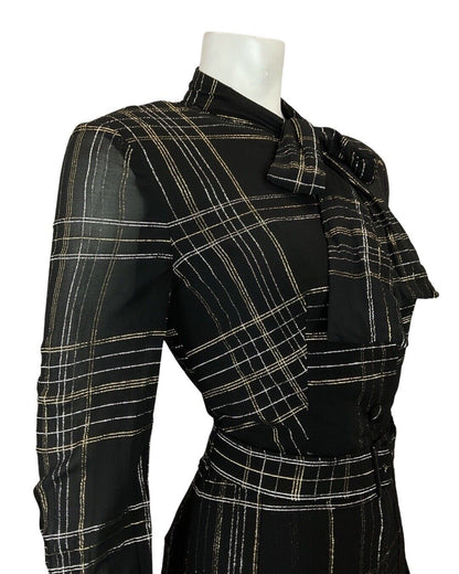 VINTAGE 60s 70s BLACK GOLD SILVER CHECKED MOD SHEER PUSSYBOW SHIRT DRESS 12