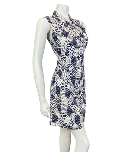 VINTAGE 60s 70s NAVY BLUE WHITE PATCHWORK PSYCHEDELIC MOD DAGGER SHIRT DRESS 10