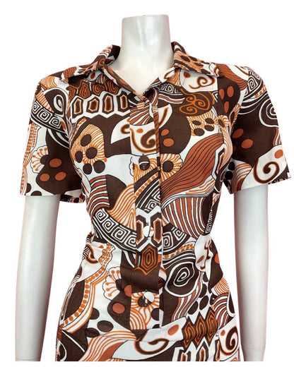 VINTAGE 60s 70s BROWN ORANGE WHITE PSYCHEDELIC SWIRL MOD SHIRT DRESS 14 16