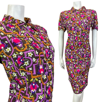 VINTAGE 60s 70s BROWN PURPLE WHITE GEOMETRIC FLORAL SHIRT DRESS 16 18