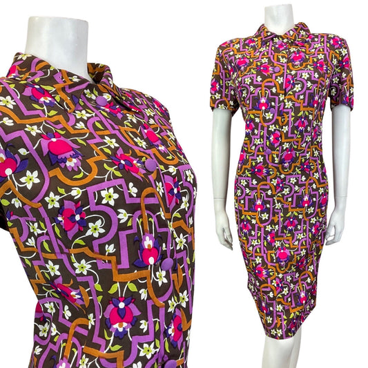 VINTAGE 60s 70s BROWN PURPLE WHITE GEOMETRIC FLORAL SHIRT DRESS 16 18