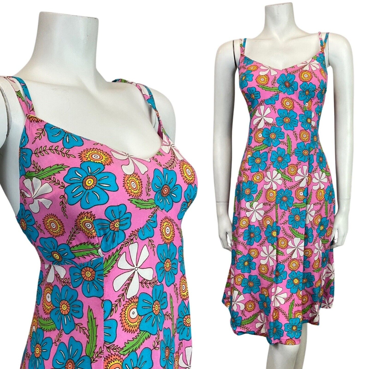 VINTAGE 60s 70s PINK BLUE WHITE HAWAIIAN FLORAL STRAPPY SUN DRESS 12 14