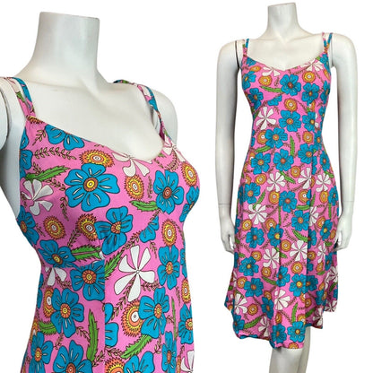 VINTAGE 60s 70s PINK BLUE WHITE HAWAIIAN FLORAL STRAPPY SUN DRESS 12 14