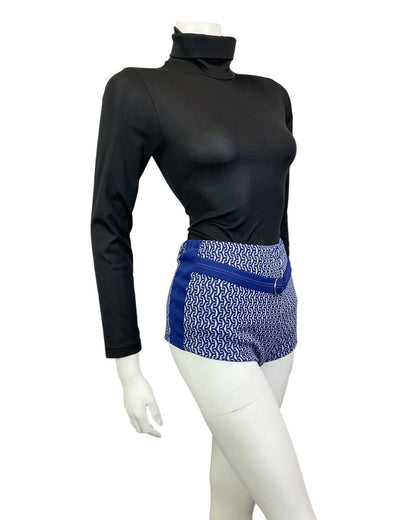 VINTAGE 60s 70s BLUE WHITE GEOMETRIC BELTED MOD HIGH-WAISTED SWIM SHORTS 8 10