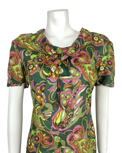 VTG 60s 70s LIME GREEN PINK ORANGE SHAWL PSYCHEDELIC FLORAL SHIFT DRESS 12 14
