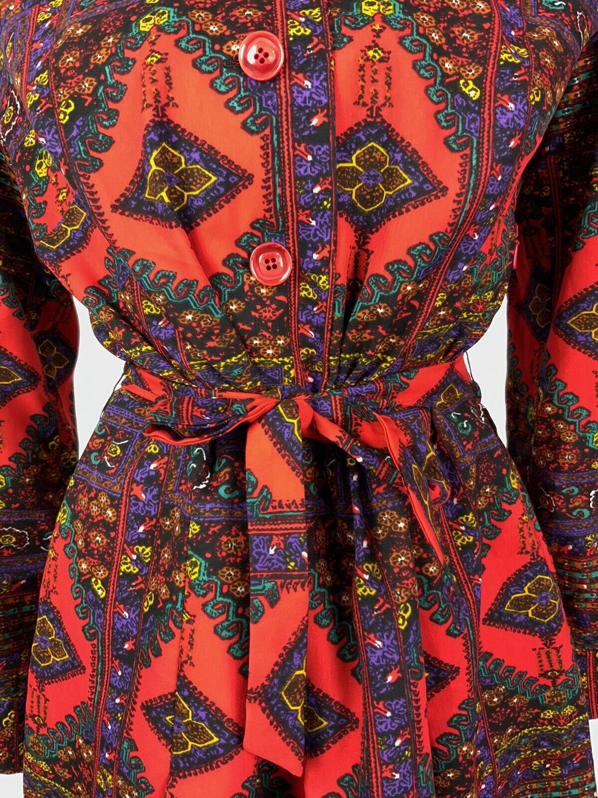 VINTAGE 60s 70s RED GREEN BLACK YELLOW PERSIAN FLORAL WING SHIRT DRESS 10 12
