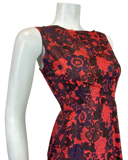 VINTAGE 60s RED PURPLE BROWN FLORAL SLEEVELESS WIGGLE PENCIL DRESS 6
