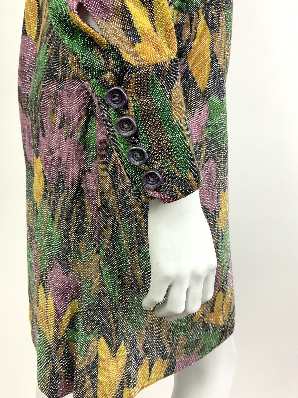 VINTAGE 60s 70s BLACK GREEN YELLOW PURPLE FLORAL SILVER GLITTER SHIRT DRESS 8 10