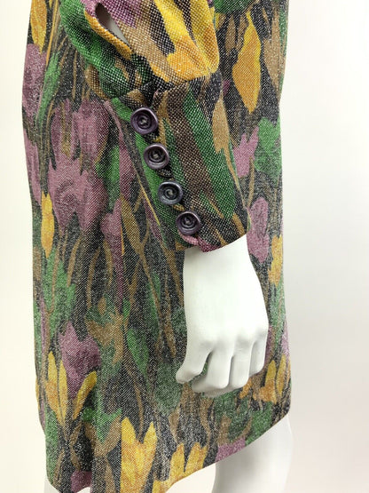 VINTAGE 60s 70s BLACK GREEN YELLOW PURPLE FLORAL SILVER GLITTER SHIRT DRESS 8 10