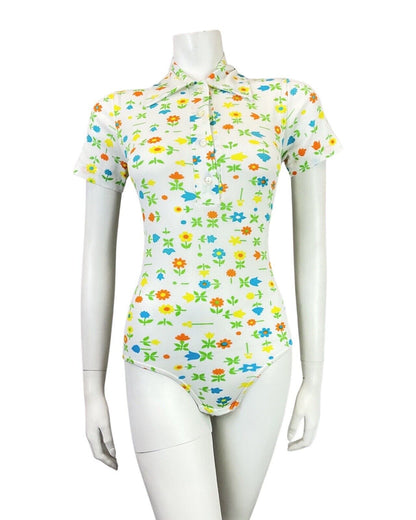 VINTAGE 60s 90s WHITE ORANGE GREEN DAISY TULIP FLORAL MOD SHIRT BODYSUIT 8 10