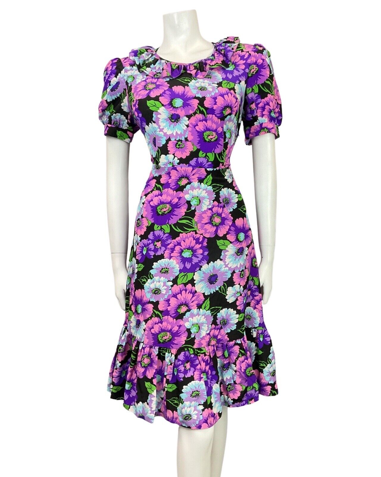 VINTAGE 60s 70s PURPLE BLUE BLACK PINK FLORAL RUFFLE SWING DRESS 14 16