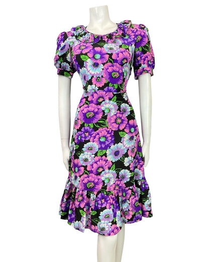 VINTAGE 60s 70s PURPLE BLUE BLACK PINK FLORAL RUFFLE SWING DRESS 14 16