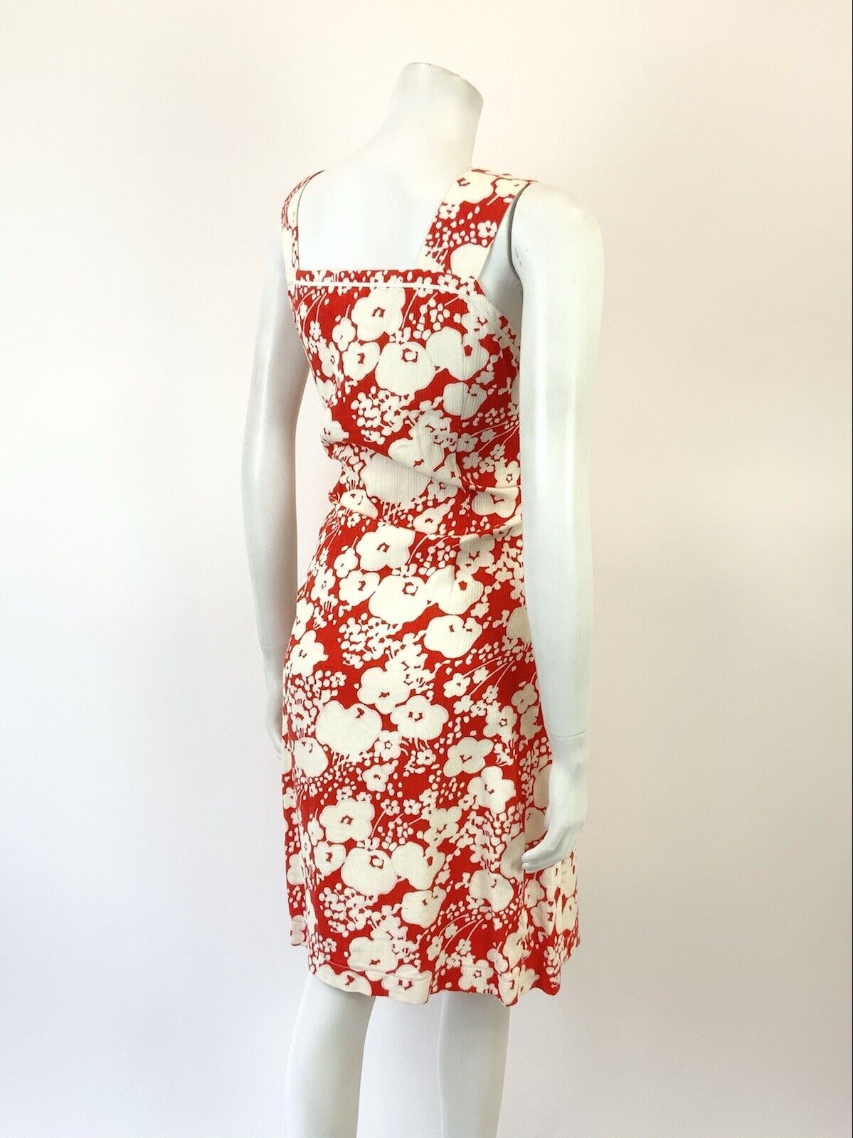 VINTAGE 60s 70s RED WHITE FLORAL PSYCHEDELIC PINAFORE SUMMER SUN DRESS 12