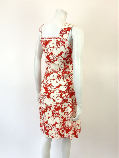 VINTAGE 60s 70s RED WHITE FLORAL PSYCHEDELIC PINAFORE SUMMER SUN DRESS 12