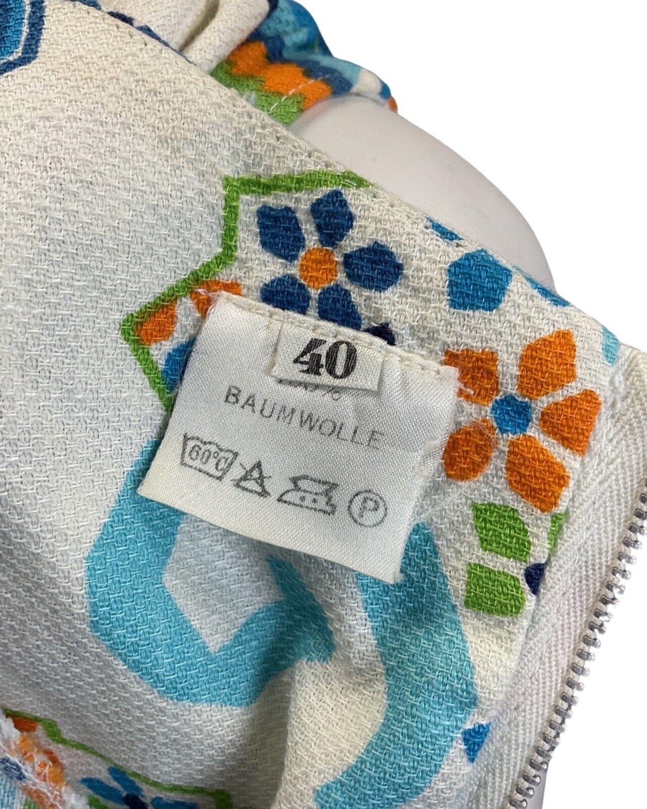 VINTAGE 60s 70s WHITE BLUE ORANGE GEOMETRIC FLORAL MOD SUMMER SUN DRESS 8 10
