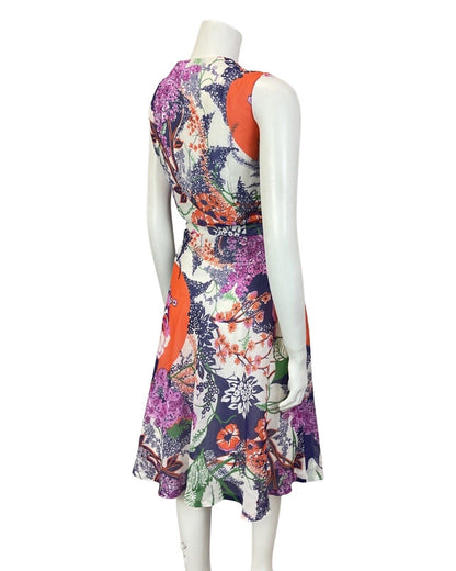VINTAGE 60s 70s PURPLE GREEN RED FLORAL SLEEVELESS FLOATY SWING DRESS 10 12