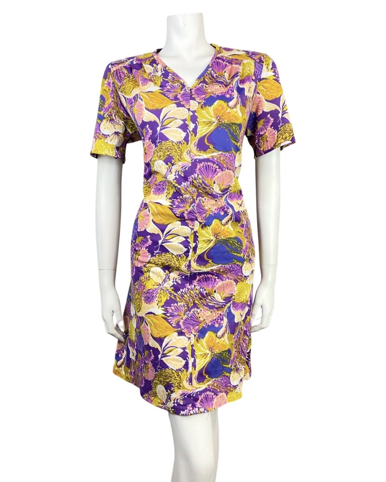 VINTAGE 60s 70s PURPLE YELLOW WHITE PSYCHEDELIC MOD FLORAL SUMMER DRESS 16 18
