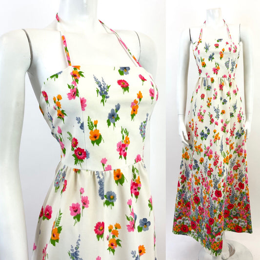 VINTAGE 60s 70s WHITE PINK BLUE ORANGE FLORAL POPPY GARDEN HALTER MAXI DRESS 4 6