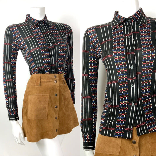 VINTAGE 60s 70s BLACK WHITE RED BLUE STRIPED GEOMETRIC DAGGER COLLAR SHIRT 8