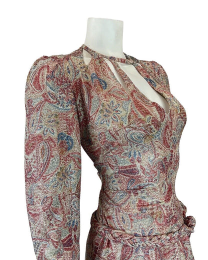VINTAGE 60s 70s PINK BLUE SILVER PAISLEY FLORAL LUREX CUT-OUT MOD DISCO DRESS 8