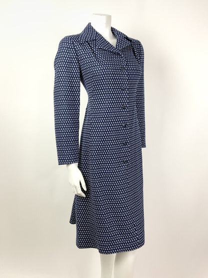 VINTAGE 60s 70s NAVY BLUE WHITE POLKA-DOT DAGGER COLLAR SHIRT DRESS 16