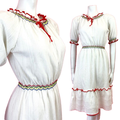 VINTAGE 60s 70s WHITE RED BLUE GREEN RUFFLE PRAIRIE BOHO DRESS 8 10