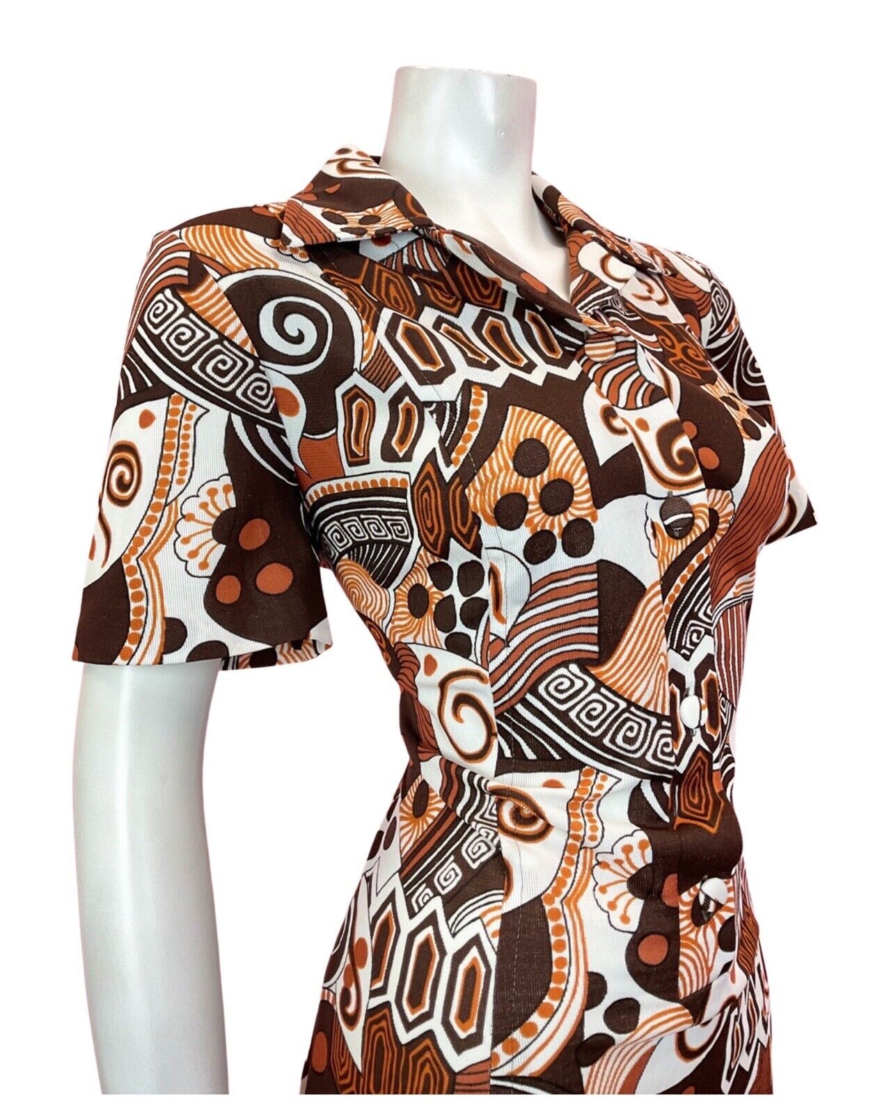 VINTAGE 60s 70s BROWN ORANGE WHITE PSYCHEDELIC SWIRL MOD SHIRT DRESS 14 16