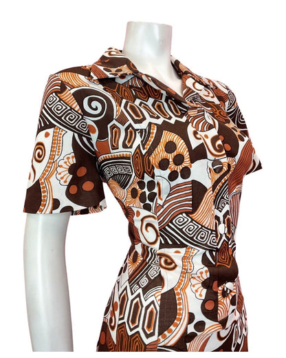 VINTAGE 60s 70s BROWN ORANGE WHITE PSYCHEDELIC SWIRL MOD SHIRT DRESS 14 16