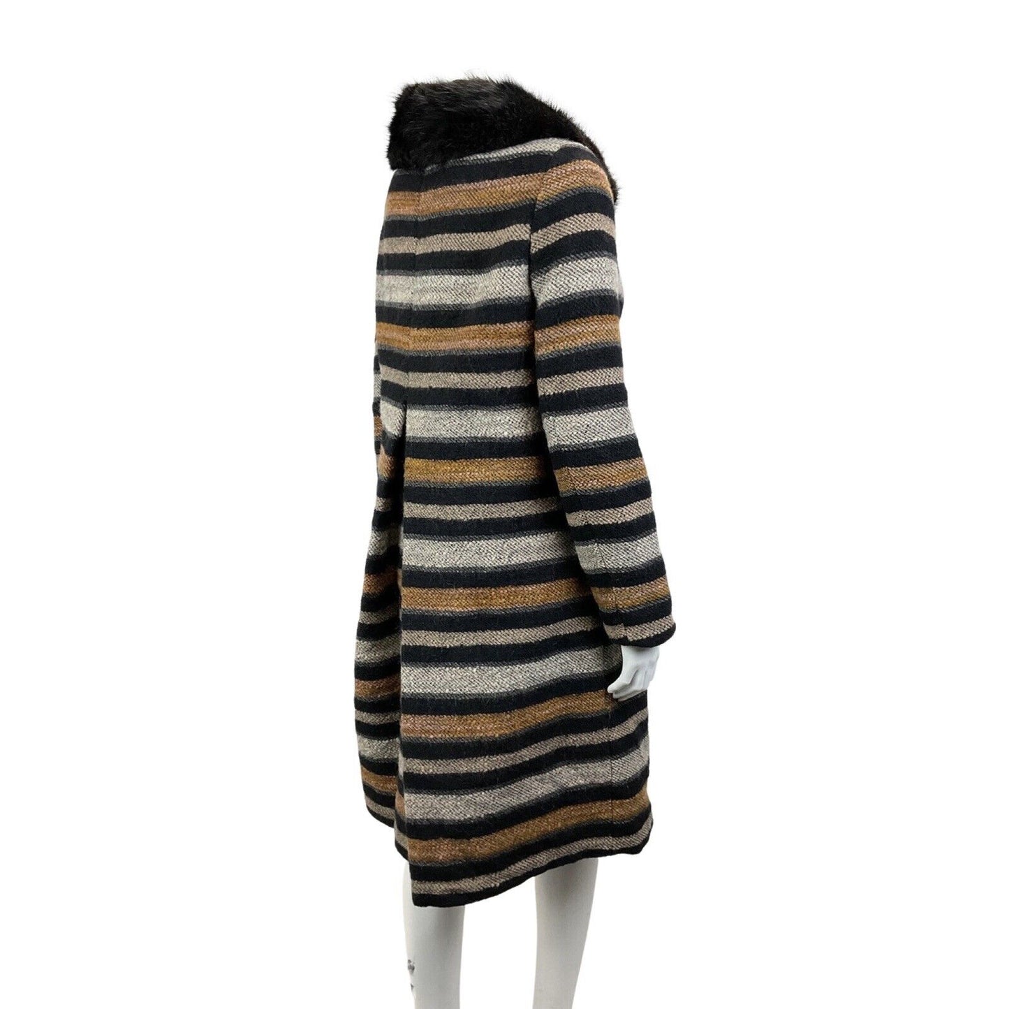 VINTAGE 60s 70s BLACK WHITE ORANGE STRIPED FUR COLLAR MOD WOOL SWING COAT 14 16