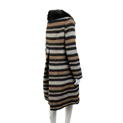VINTAGE 60s 70s BLACK WHITE ORANGE STRIPED FUR COLLAR MOD WOOL SWING COAT 14 16