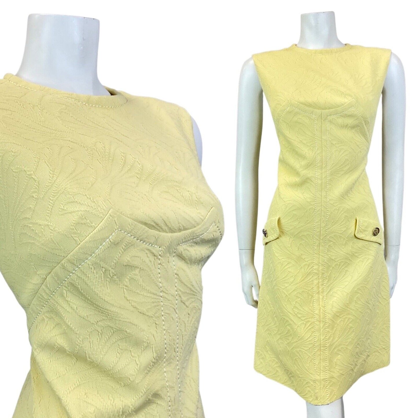 VINTAGE 60s 70s PALE YELLOW LEAFY SLEEVELESS MOD SCOOTER SHIFT DRESS 12 14