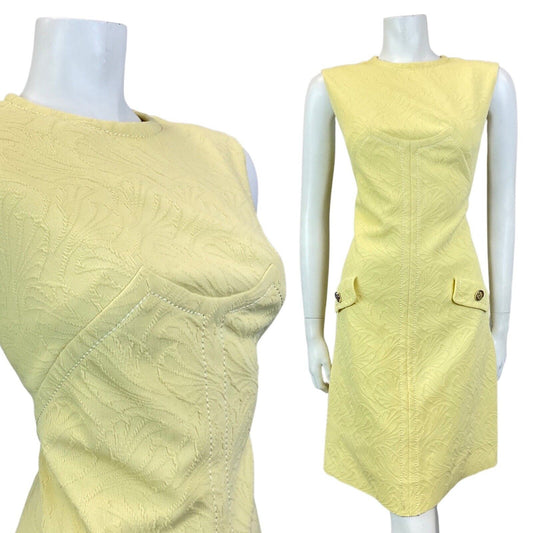 VINTAGE 60s 70s PALE YELLOW LEAFY SLEEVELESS MOD SCOOTER SHIFT DRESS 12 14