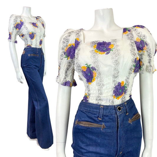 VINTAGE 60s 70s WHITE PURPLE YELLOW FLORAL SHIRRED BOHO PRAIRIE CROPPED TOP 6