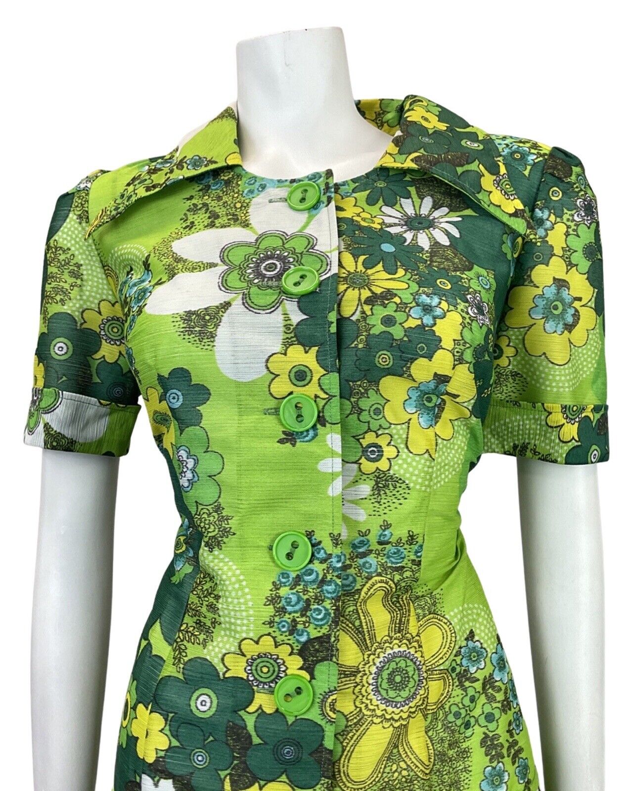 VTG 60s 70s GREEN LIME FOREST FLORAL PSYCHEDELIC DROP WAIST SHIRT DRESS 12 14