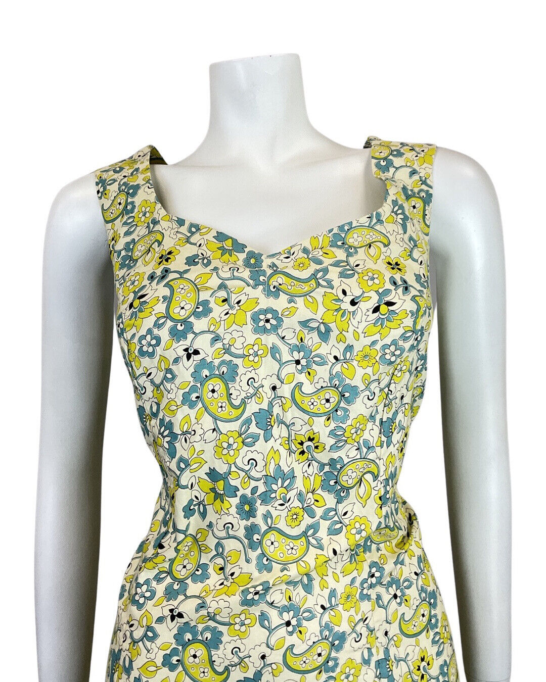 VINTAGE 60s 70s YELLOW BLUE WHITE PSYCHEDELIC FLORAL PAISLEY SLEEVELESS DRESS 14
