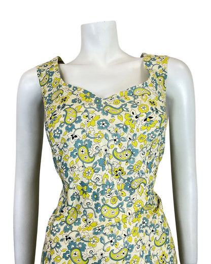 VINTAGE 60s 70s YELLOW BLUE WHITE PSYCHEDELIC FLORAL PAISLEY SLEEVELESS DRESS 14