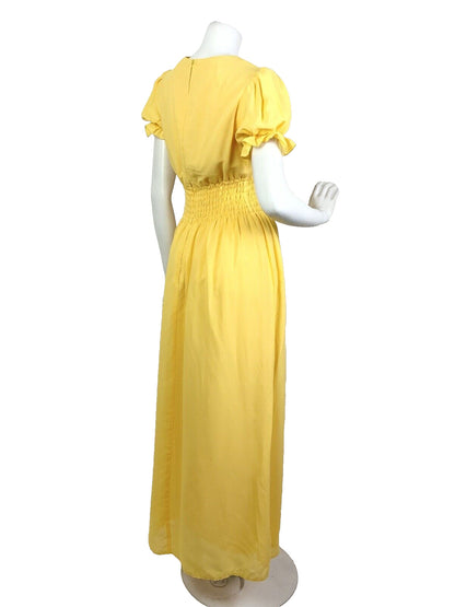 VINTAGE 60s 70s SUNSHINE YELLOW PUFF SLEEVE PRAIRIE BOHO MAXI DRESS 10 12