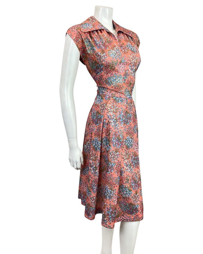 VINTAGE 60s PEACH BLUE PURPLE FLORAL BOUQUET DITSY WING COLLAR TEA DRESS 10 12