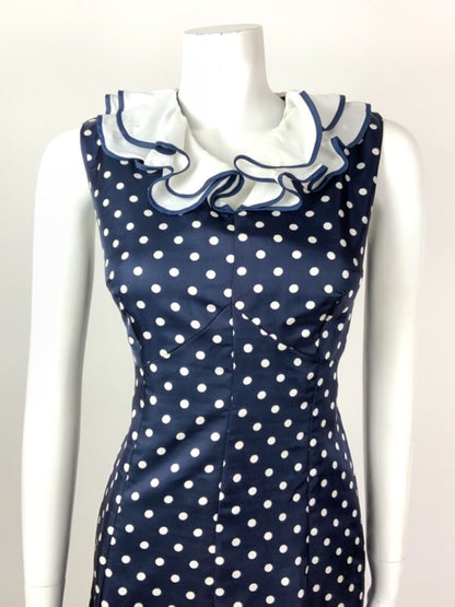 VINTAGE 60s 70s NAVY BLUE WHITE POLKA-DOT RUFFLED SLEEVELESS MOD DRESS 10 12